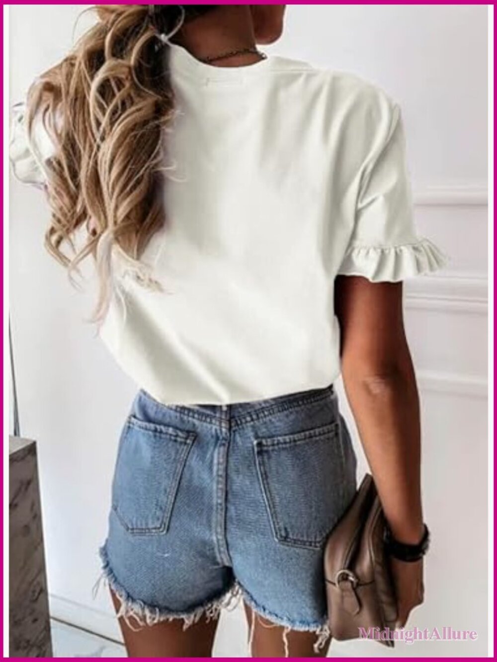 Women's Short Sleeve Ruffle Tee - Casual Loose Fit Summer Top - Picture 2 of 7